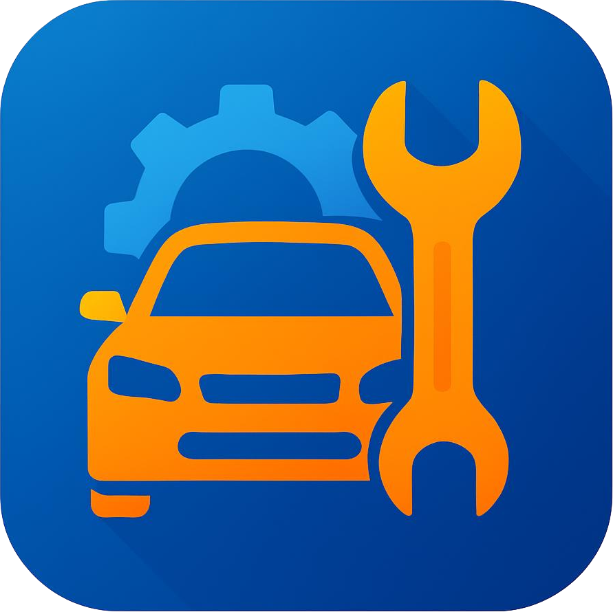 Logo representando a gestão do veículo, fundo azul com carro laranja
