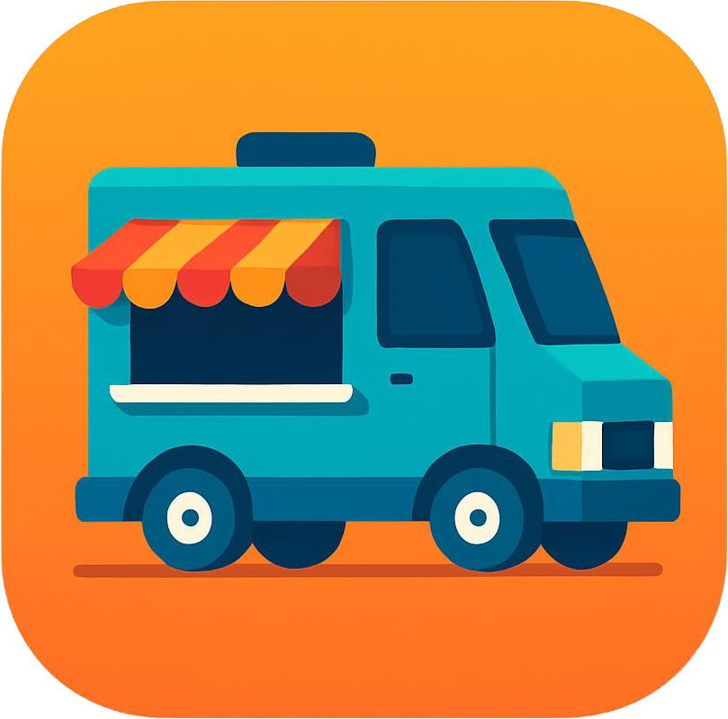 Logo de um food truck com fundo laranja e truck verde